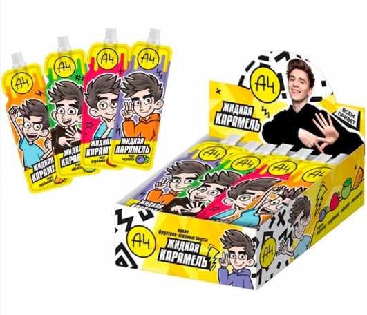 Parādiet kastīti šķidrā karamele A4 ar dažādām garšām (24gb)
